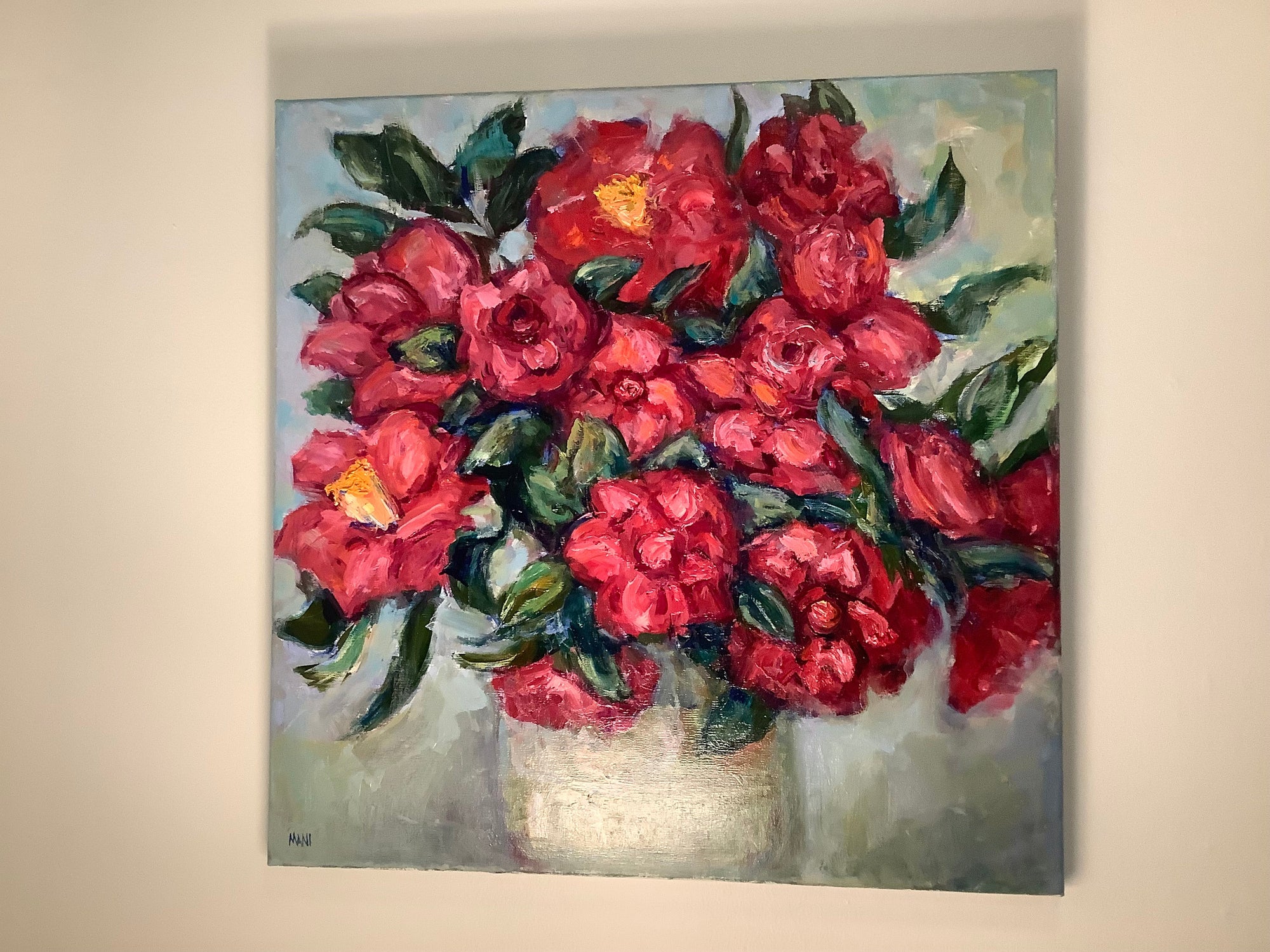20”x20” Red Camellias