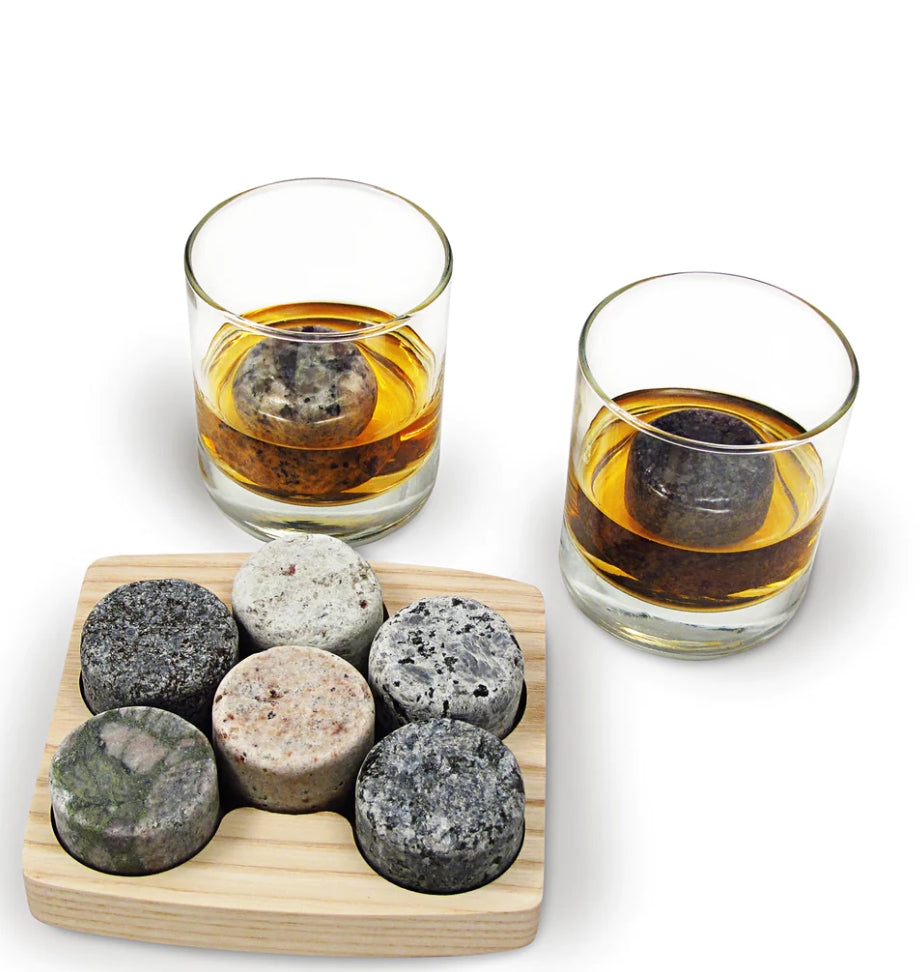 Wooden Tray w/ 6 Round Stones & 2 Glass Tumblers
