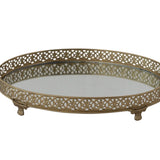 Oval Metal Filigree Footed Tray With Mirror And Gold Finish
