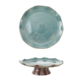 Stoneware Pedestal W/Stripes & Ruffled Edge