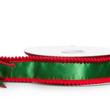 Green Satin Red Pom Pom Edge Wired Ribbon