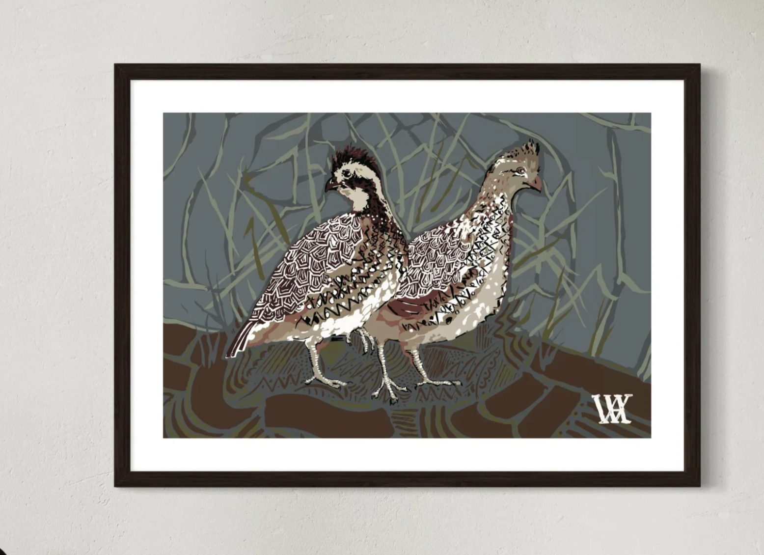 Bobwhite Pair With Espresso Frame 14" x 12"
