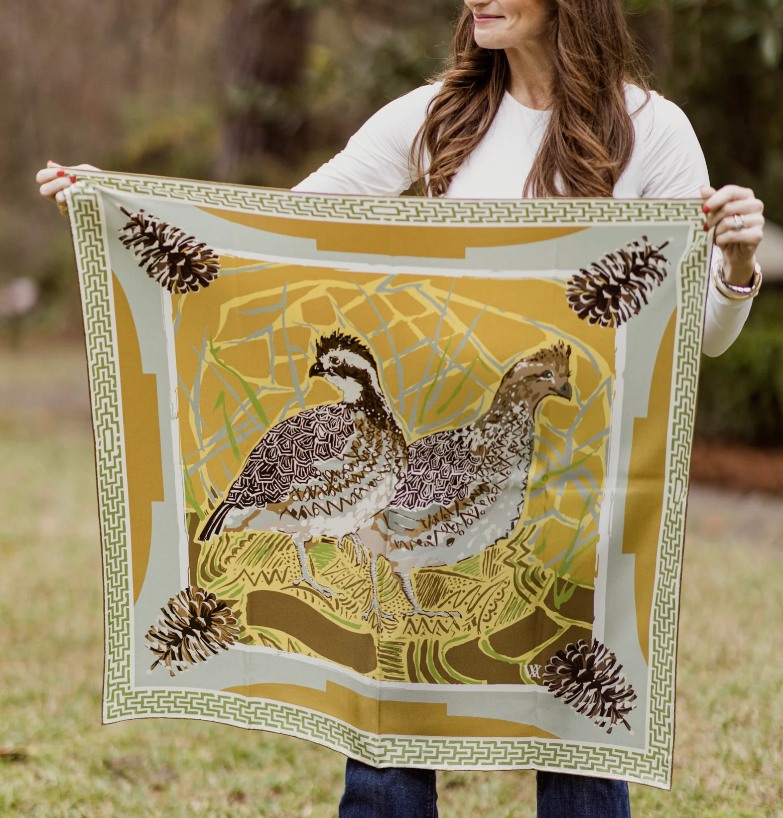 Silk Scarf Quail Pair