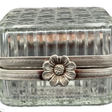 Square Glass Etched Box w Silver Flower