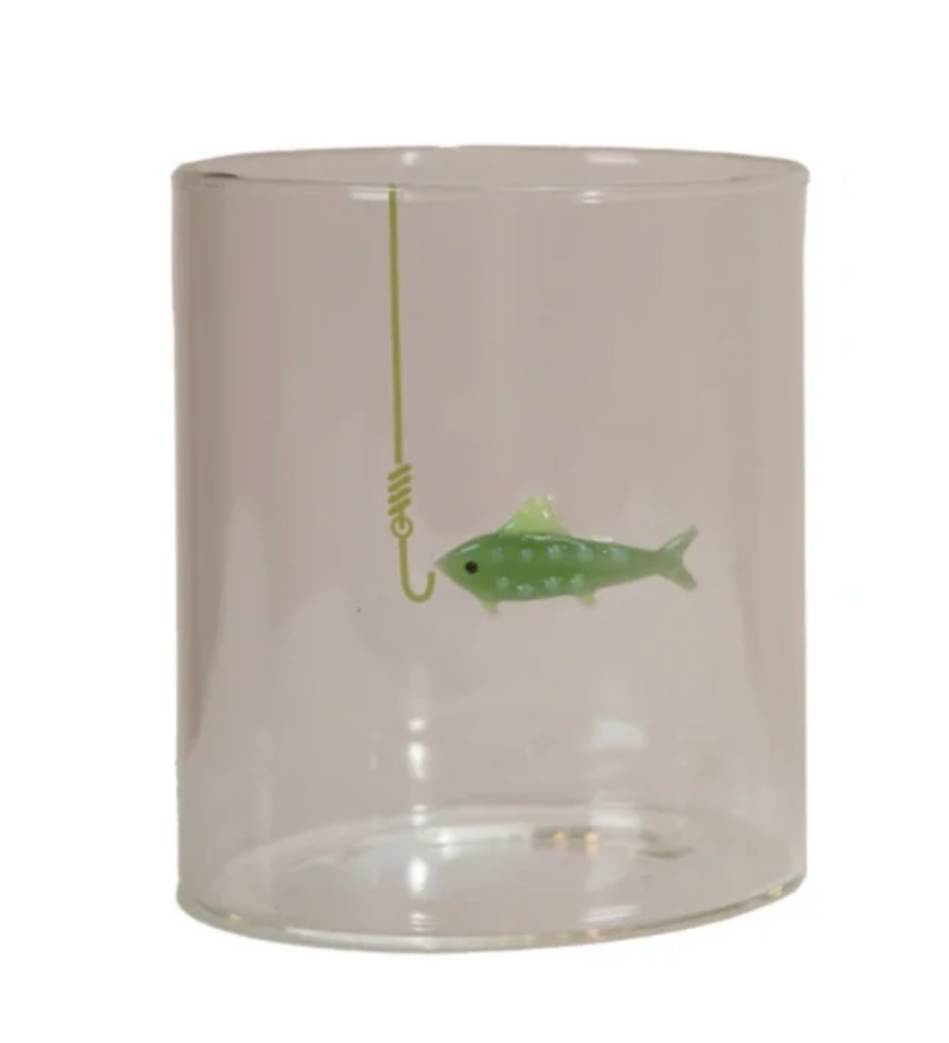 Hand Blown Drinking Glass w Fish On Hook