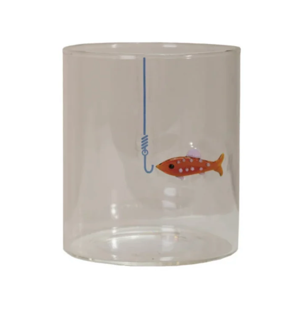Hand Blown Drinking Glass w Fish On Hook