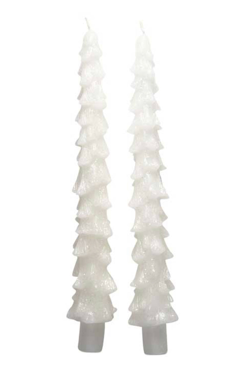Glittered White Spruce Tree Taper Candles - Set of 2