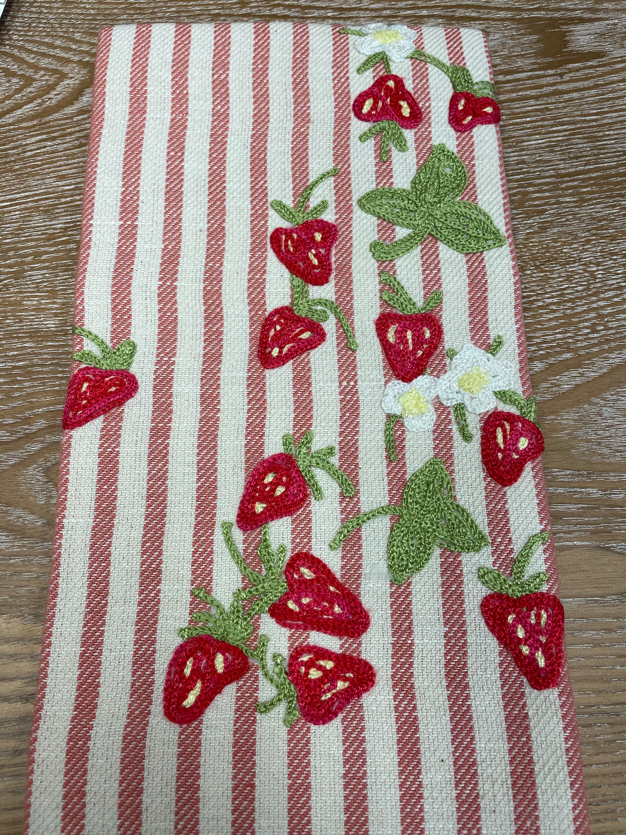 Pink Strawberry Embroidered Tea Towel